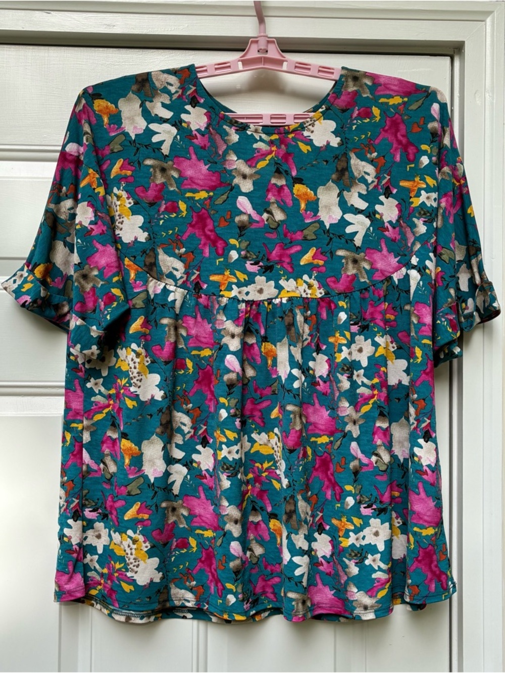 Dear Scarlett Womens Top Colorful Floral Size L Kimono Sleeve Stretchy Blouse